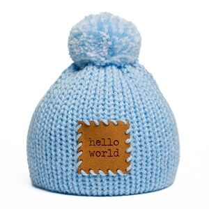 Light Blue Baby Pom Beanie Hat with "hello world" Patch
